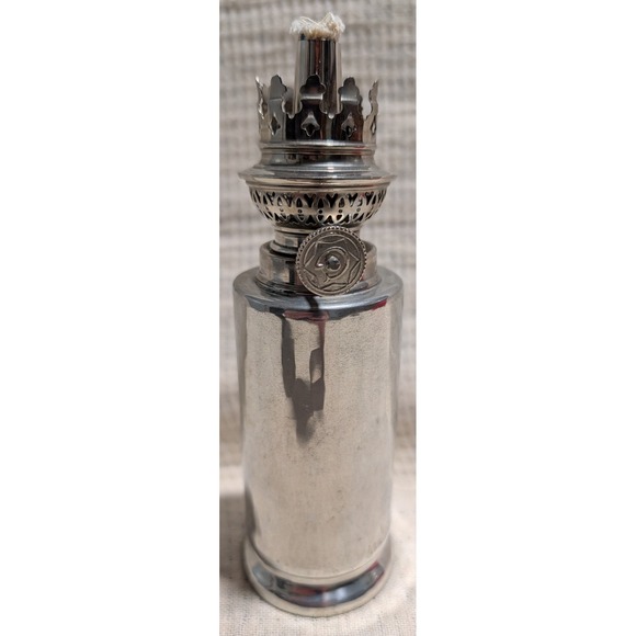 Vintage Canadian Pewter Oil Lamp with Decorative Crown Top and Etched Base
